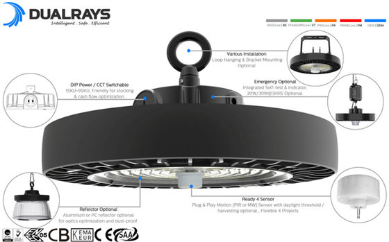 چراغ روشنایی سوله ای LED UFO با قابلیت تنظیم DIP سوئیچ HB4H و CCT، توان 150 وات، 150LPW
