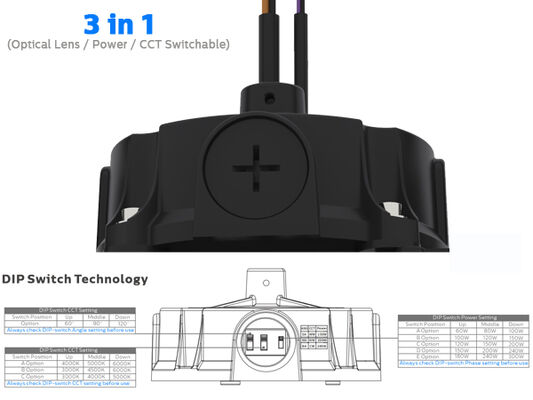 چراغ سوله ای فوق‌العاده 3 در 1 با توان 200 وات و 150LPW، لنز نوری قابل تنظیم با سوئیچ DIP (60°/90°/110°)، توان (100%-80%-60%)، 3 CCT اختیاری