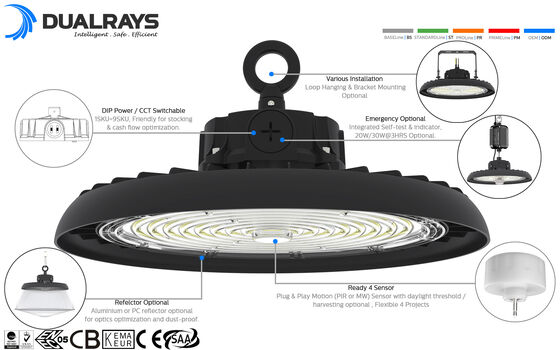 HB3H Power &amp; CCT Switchable 240W 200W 150W LED UFO High Bay Light Hanging Warehouse Industrial UFO High Bay Light